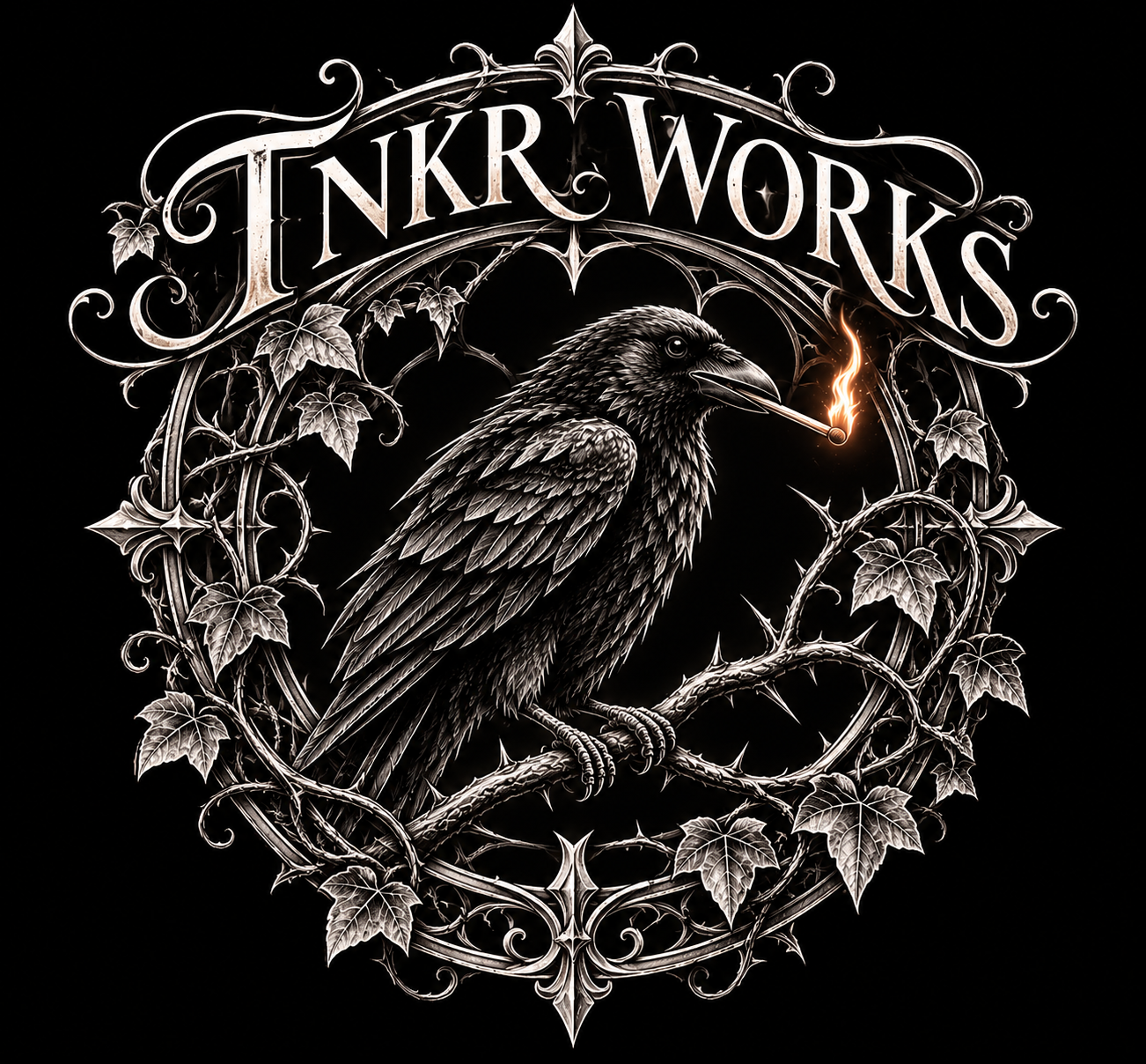 TNKR Works: a crow perched on thorns, holding a lit match, framed by ivy and ornate latticework.